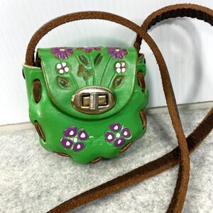 Green Tooled Leather‎ Mini Purse Purple Flowers Mexico